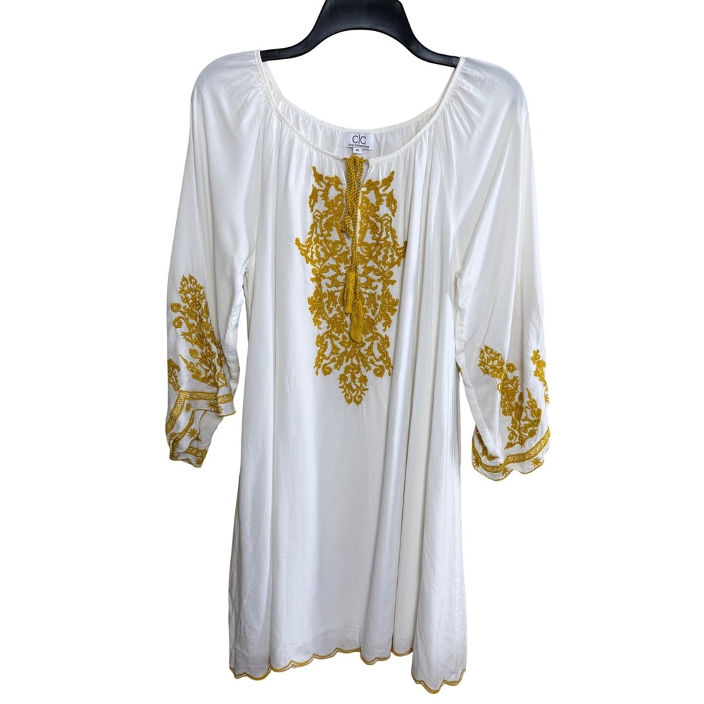 Chic Connection A-Line Mini Dress Womens Medium White Embroidered Boho Tassel